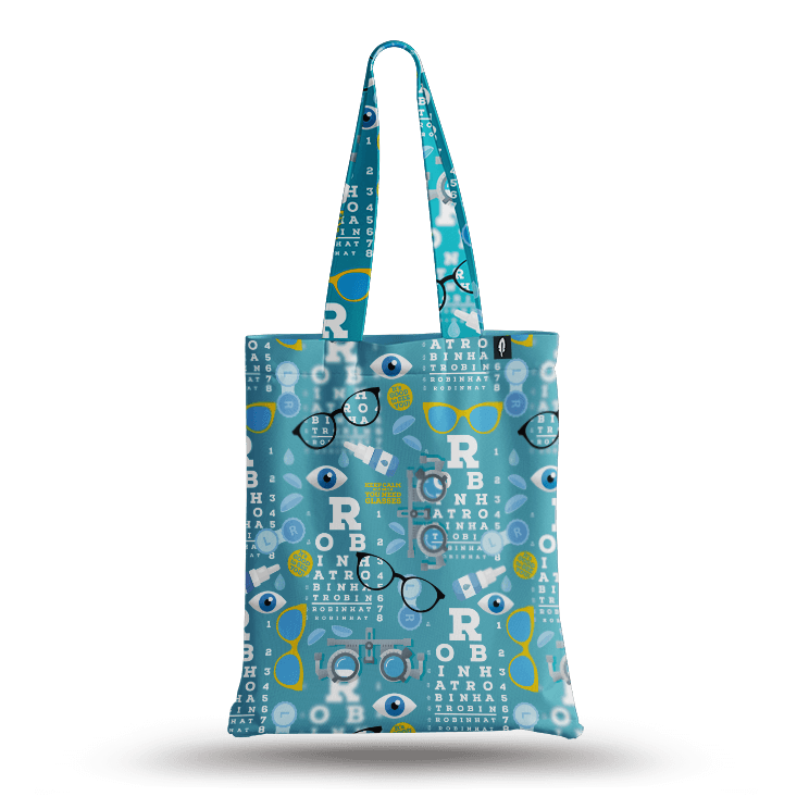 Tote Bag de Robin Hat con diseño de oftalmología en fondo azul, mostrando especificaciones detalladas del producto. Resistente al agua y anti-manchas.