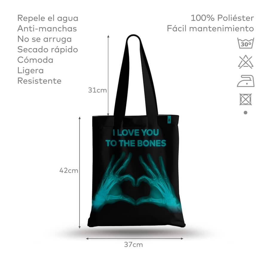 Tote Bag de Robin Hat con diseño de radiografía en fondo negro, en un entorno de uso cotidiano. Resistente al agua y anti-manchas.